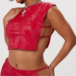 PLT Shinny snake print faux leather look side cut out crop top Red Size 8 NWT